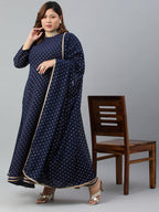 Indian Clothing Janasya XL LOVE by Janasya Women's Plus Size Navy Blue Poly Georgette Kurta and Dupatta | Grocsy