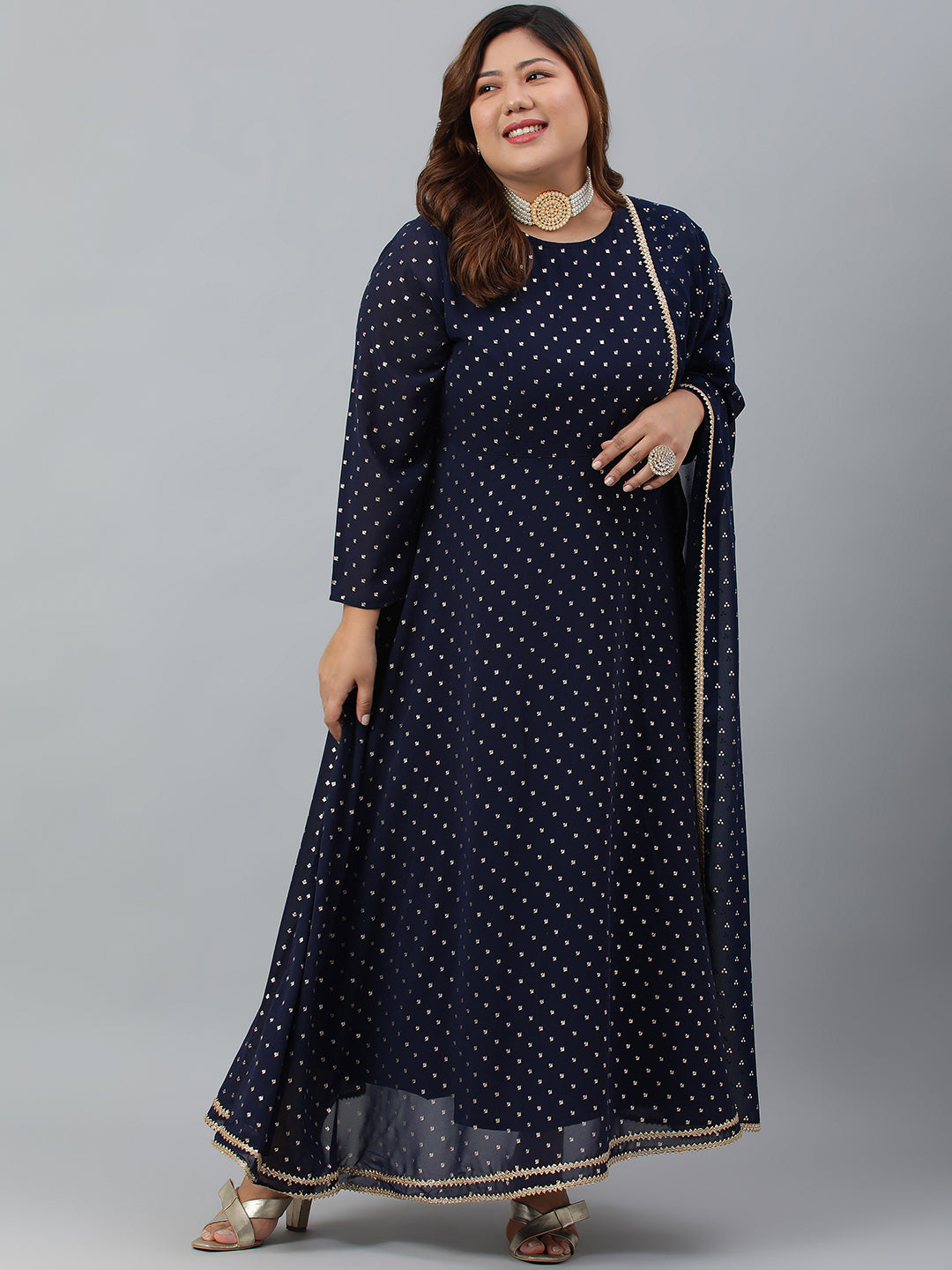 Indian Clothing Janasya XL LOVE by Janasya Women's Plus Size Navy Blue Poly Georgette Kurta and Dupatta | Grocsy