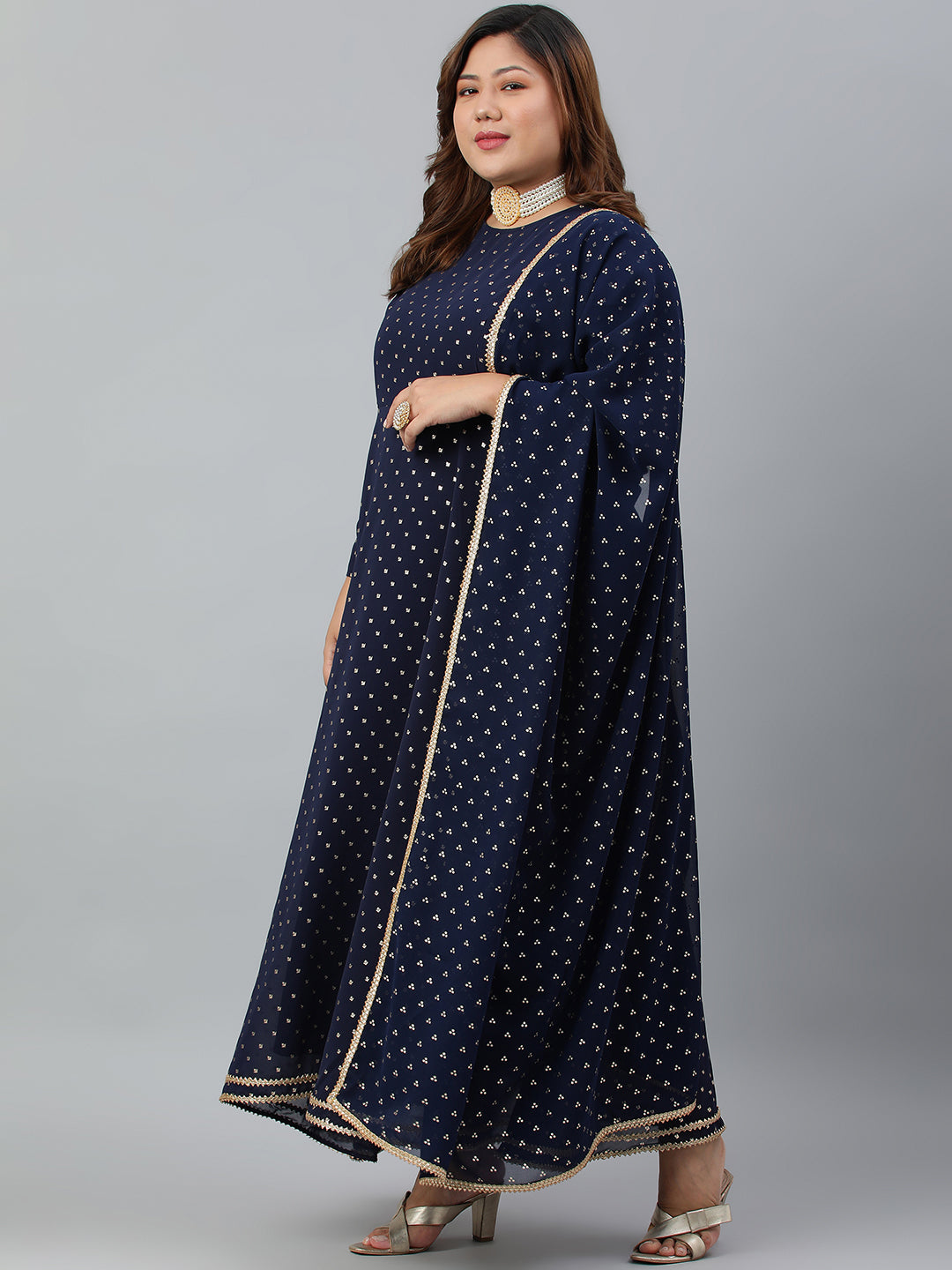 Indian Clothing Janasya XL LOVE by Janasya Women's Plus Size Navy Blue Poly Georgette Kurta and Dupatta | Grocsy