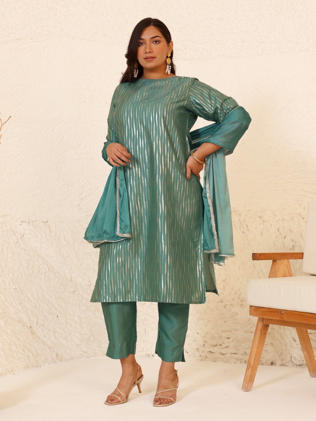 Janasya Green Poly Silk Foil Printed Set | Grocsy