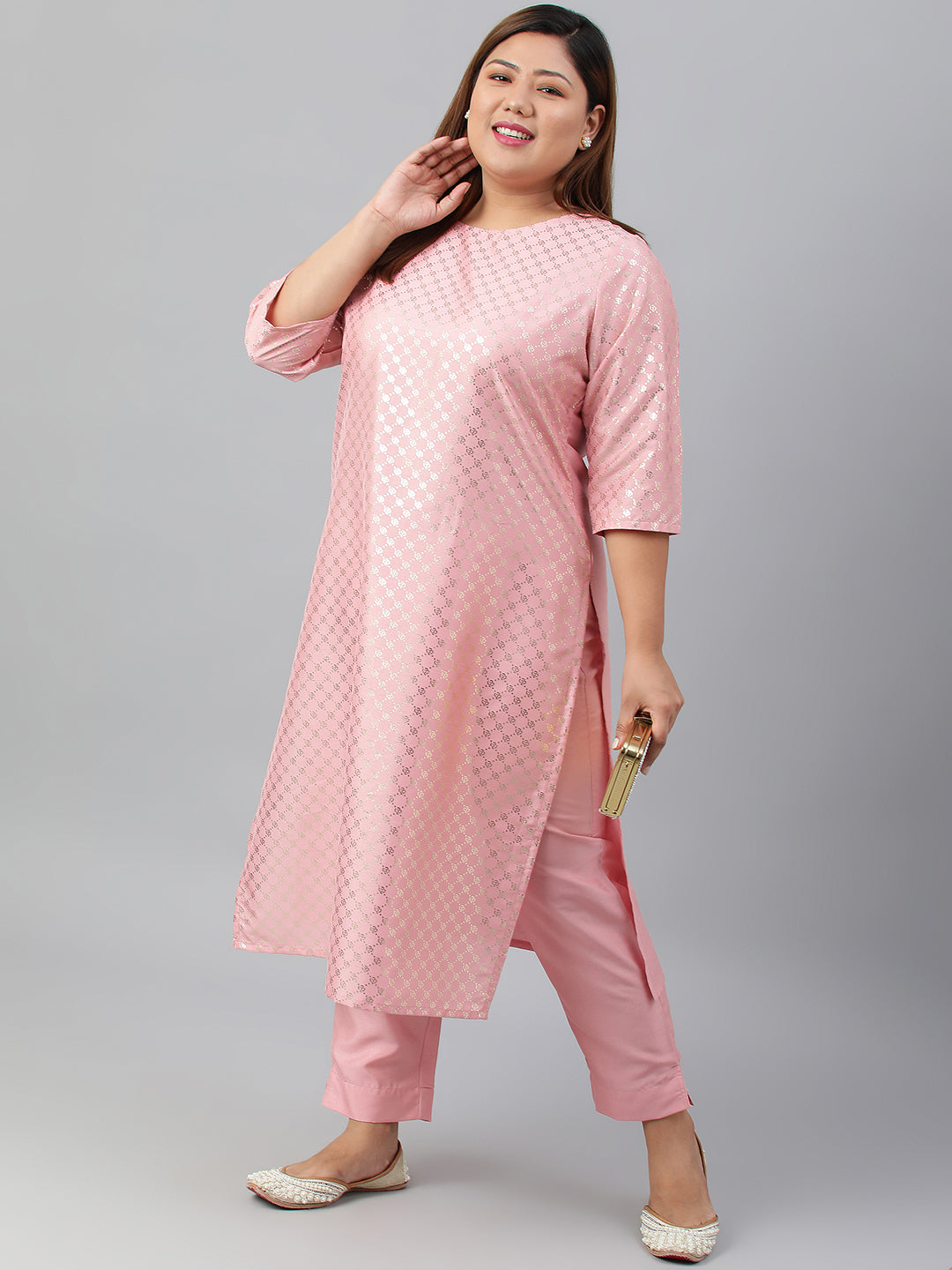 Janasya Women's Pink Poly Silk Straight Festive Kurta Set | Grocsy
