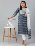 Janasya XL LOVE by Janasya Women's Plus Size Blue Cotton Kurta With Pant and Dupatta | Grocsy