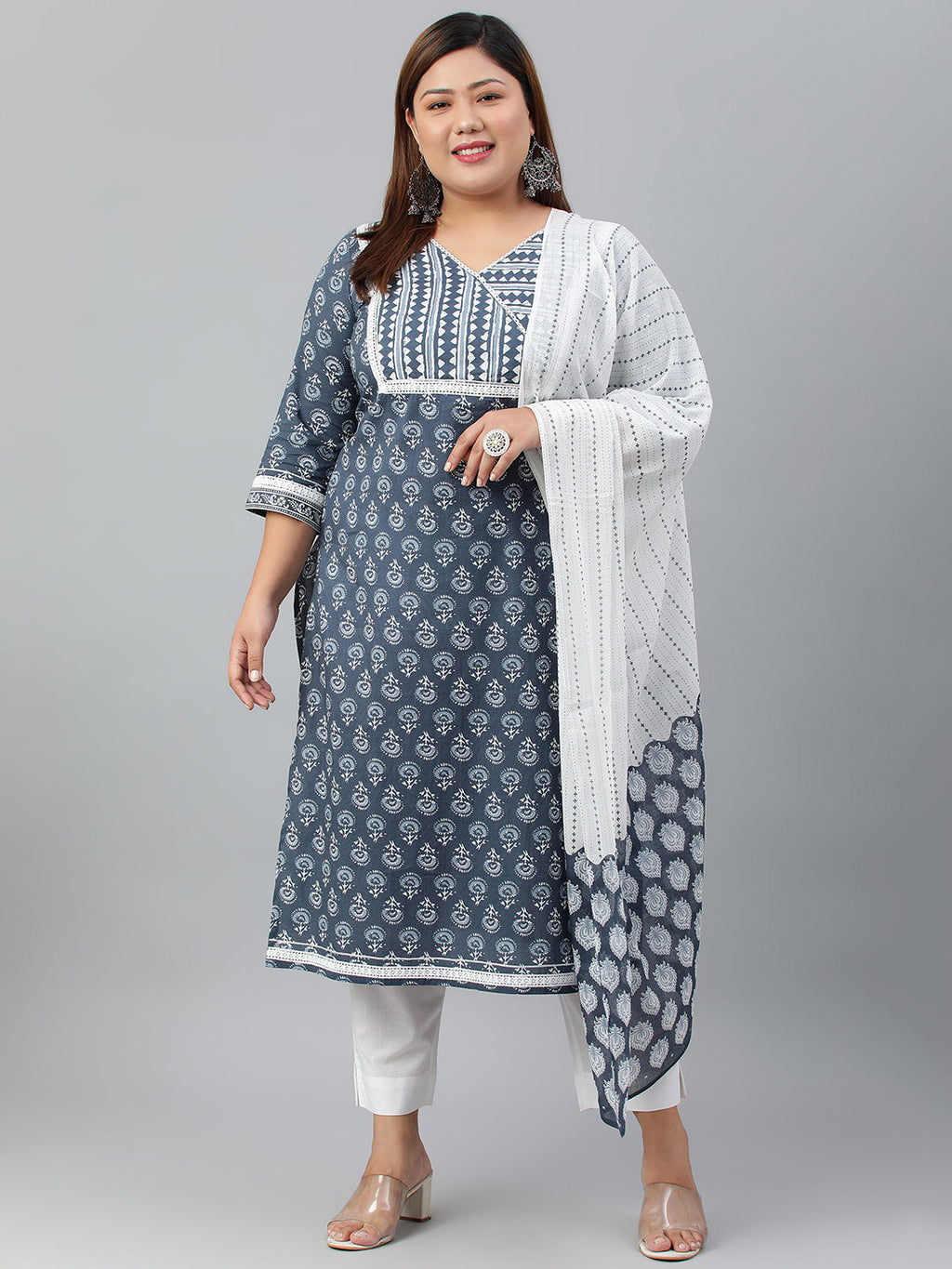 Janasya XL LOVE by Janasya Women's Plus Size Blue Cotton Kurta With Pant and Dupatta | Grocsy
