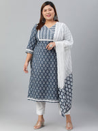 Janasya XL LOVE by Janasya Women's Plus Size Blue Cotton Kurta With Pant and Dupatta | Grocsy