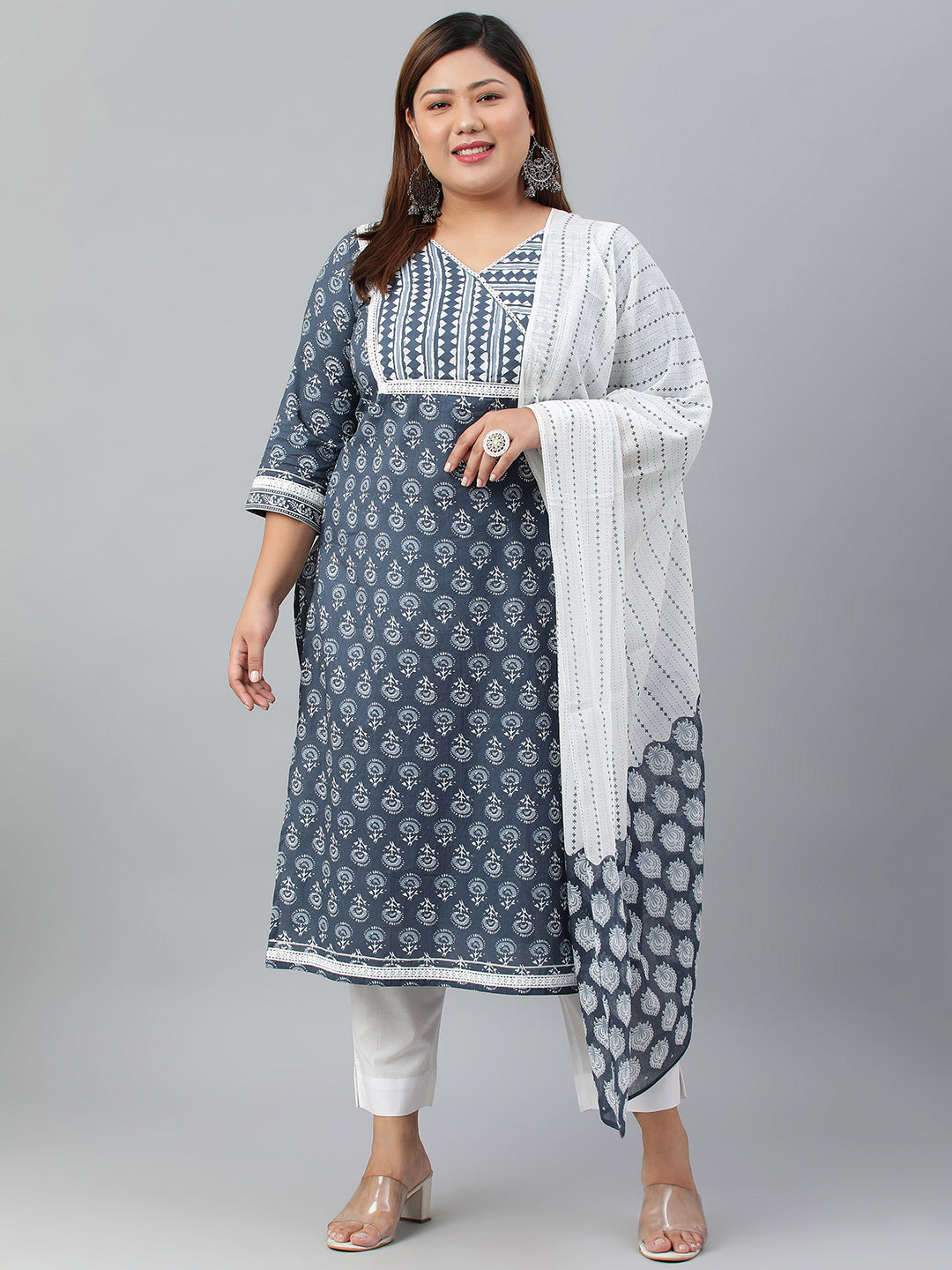 Janasya XL LOVE by Janasya Women's Plus Size Blue Cotton Kurta With Pant and Dupatta | Grocsy