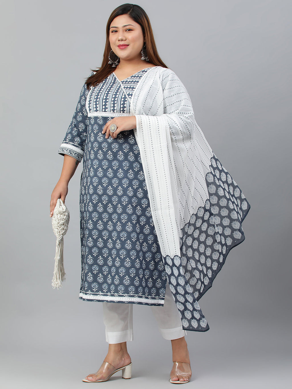 Janasya XL LOVE by Janasya Women's Plus Size Blue Cotton Kurta With Pant and Dupatta | Grocsy