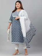Janasya XL LOVE by Janasya Women's Plus Size Blue Cotton Kurta With Pant and Dupatta | Grocsy