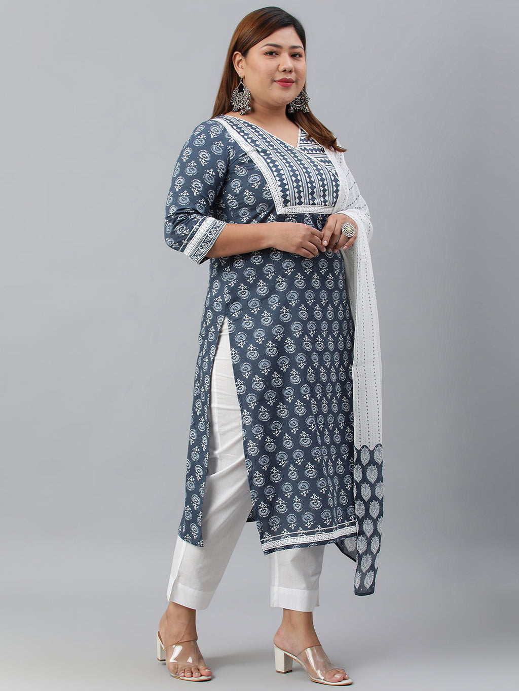 Janasya XL LOVE by Janasya Women's Plus Size Blue Cotton Kurta With Pant and Dupatta | Grocsy