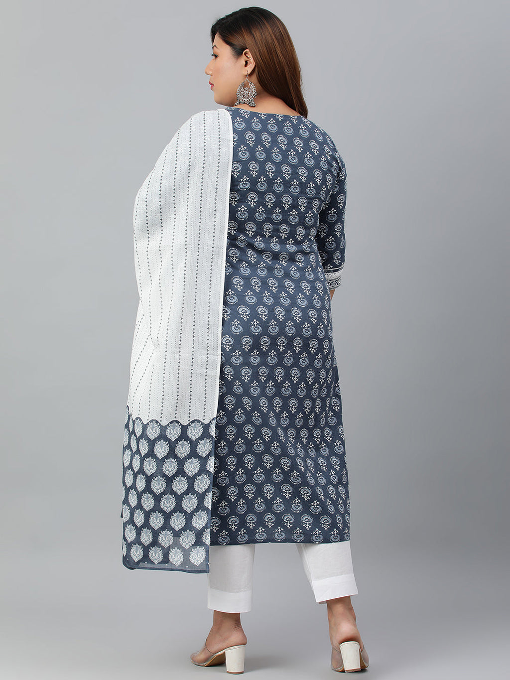 Janasya XL LOVE by Janasya Women's Plus Size Blue Cotton Kurta With Pant and Dupatta | Grocsy