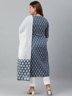 Janasya XL LOVE by Janasya Women's Plus Size Blue Cotton Kurta With Pant and Dupatta | Grocsy