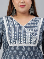 Janasya XL LOVE by Janasya Women's Plus Size Blue Cotton Kurta With Pant and Dupatta | Grocsy