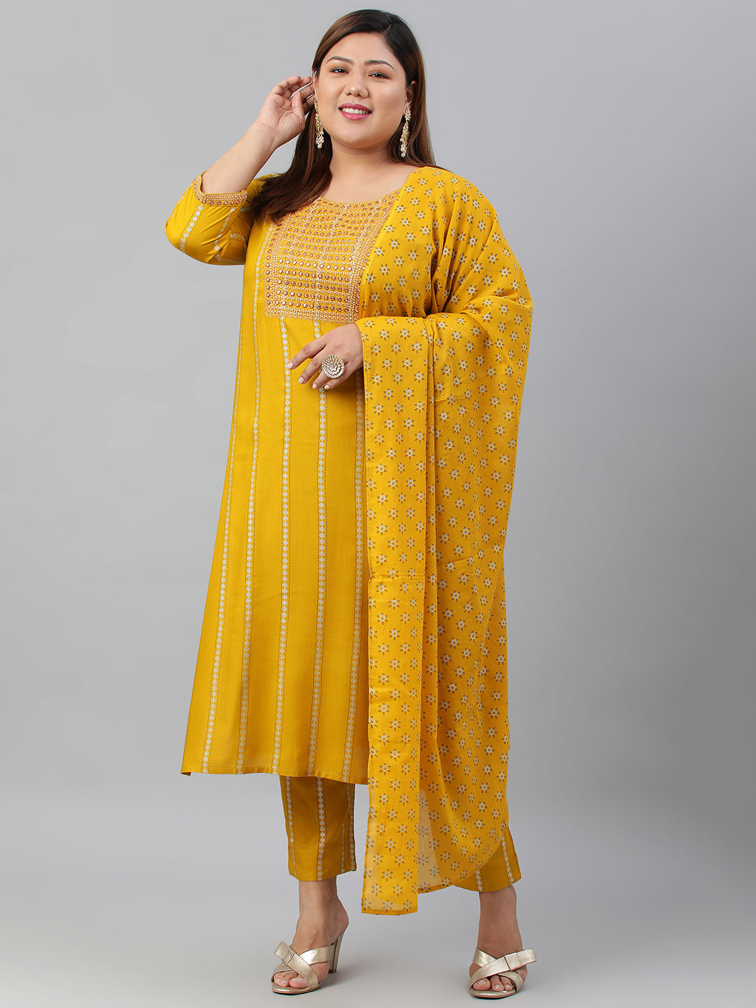 Janasya XL LOVE by Janasya Women's Plus Size Mustard Rayon Kurta With Pant and Dupatta | Grocsy
