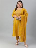 Janasya XL LOVE by Janasya Women's Plus Size Mustard Rayon Kurta With Pant and Dupatta | Grocsy