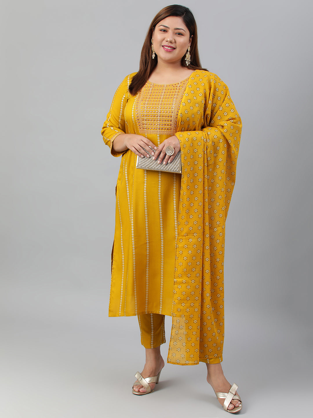 Janasya XL LOVE by Janasya Women's Plus Size Mustard Rayon Kurta With Pant and Dupatta | Grocsy