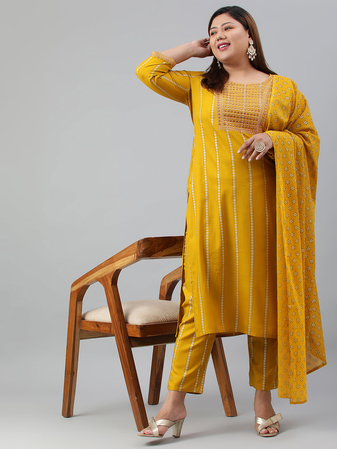 Janasya XL LOVE by Janasya Women's Plus Size Mustard Rayon Kurta With Pant and Dupatta | Grocsy