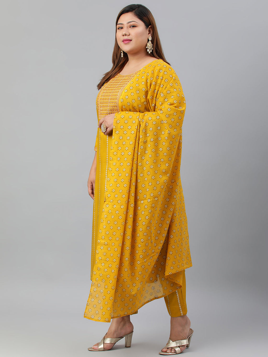 Janasya XL LOVE by Janasya Women's Plus Size Mustard Rayon Kurta With Pant and Dupatta | Grocsy