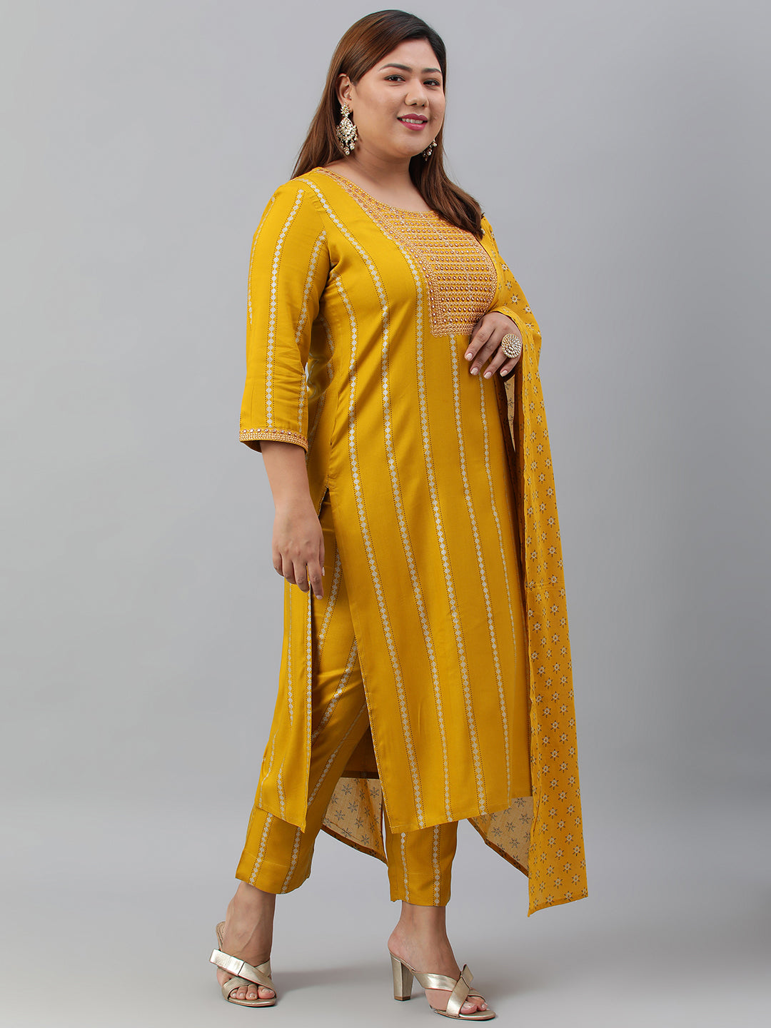 Janasya XL LOVE by Janasya Women's Plus Size Mustard Rayon Kurta With Pant and Dupatta | Grocsy
