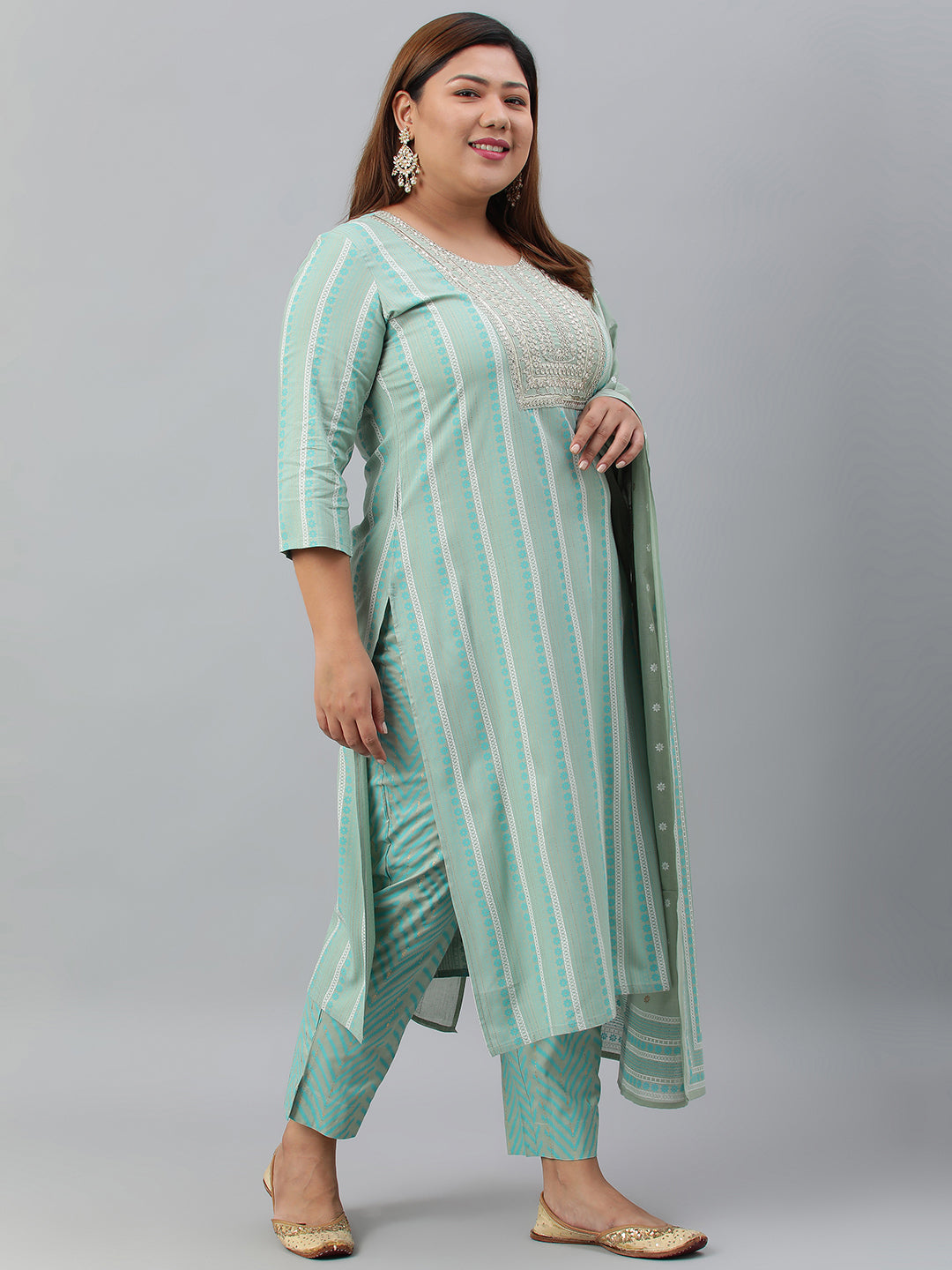 Janasya XL LOVE by Janasya Women's Plus Size Mint Green Rayon Kurta With Pant and Dupatta | Grocsy