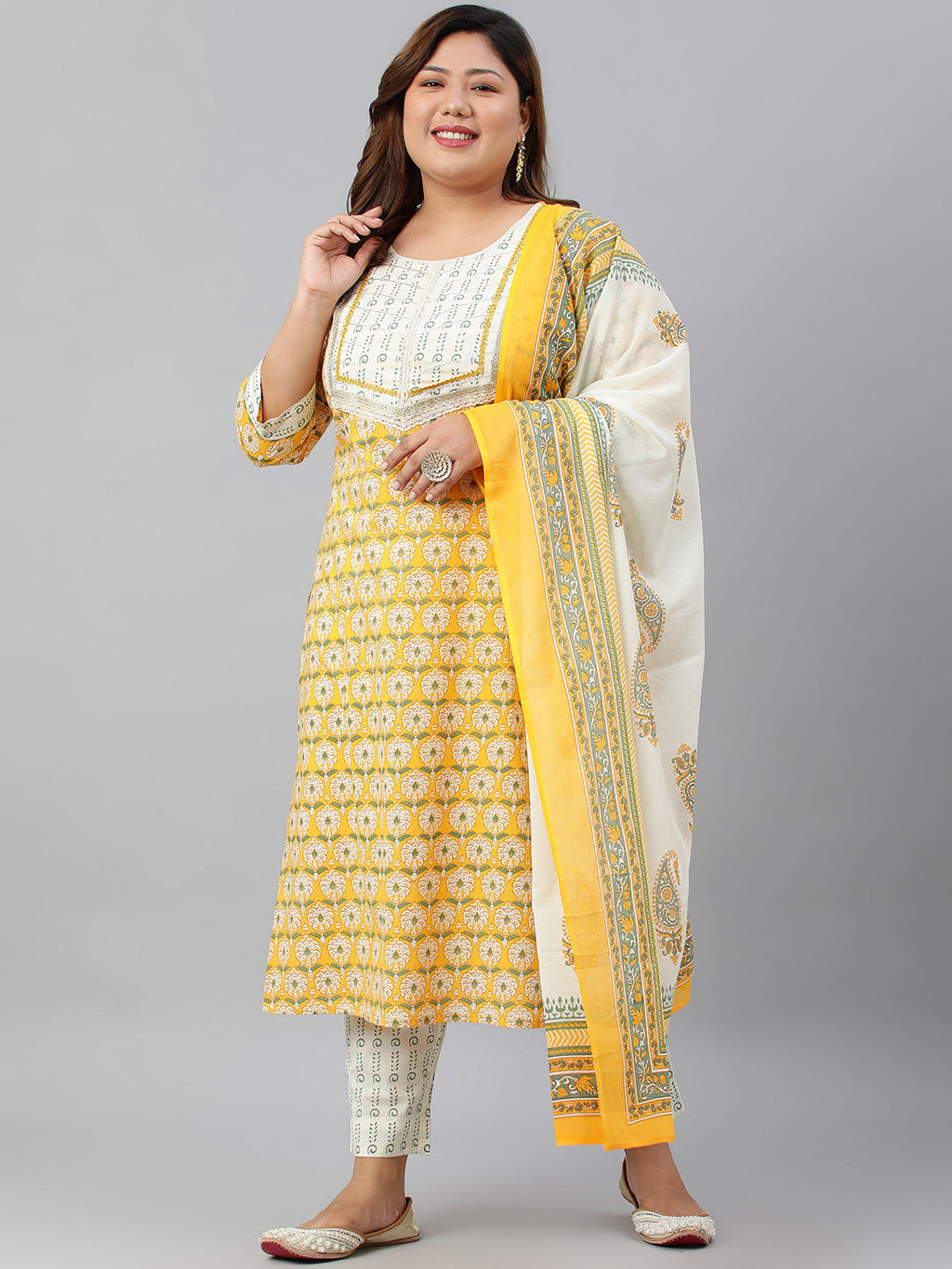Janasya XL LOVE by Janasya Women's Plus Size Yellow Cotton Kurta With Pants and Dupatta | Grocsy