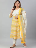Janasya XL LOVE by Janasya Women's Plus Size Yellow Cotton Kurta With Pants and Dupatta | Grocsy