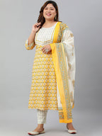 Janasya XL LOVE by Janasya Women's Plus Size Yellow Cotton Kurta With Pants and Dupatta | Grocsy
