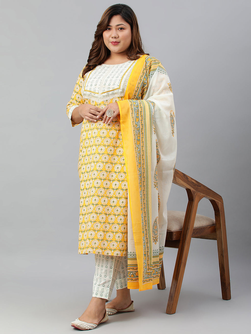 Janasya XL LOVE by Janasya Women's Plus Size Yellow Cotton Kurta With Pants and Dupatta | Grocsy