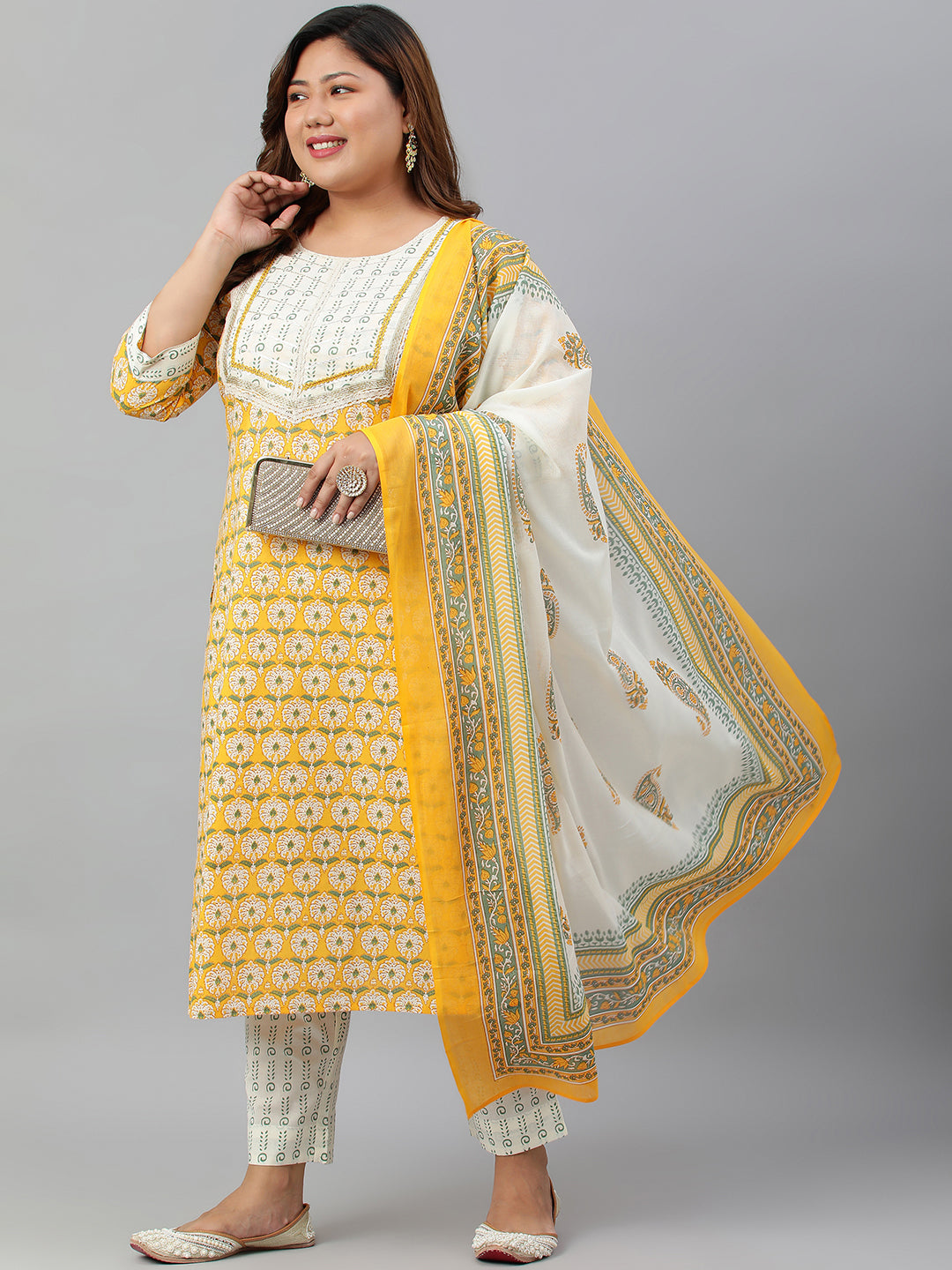 Janasya XL LOVE by Janasya Women's Plus Size Yellow Cotton Kurta With Pants and Dupatta | Grocsy