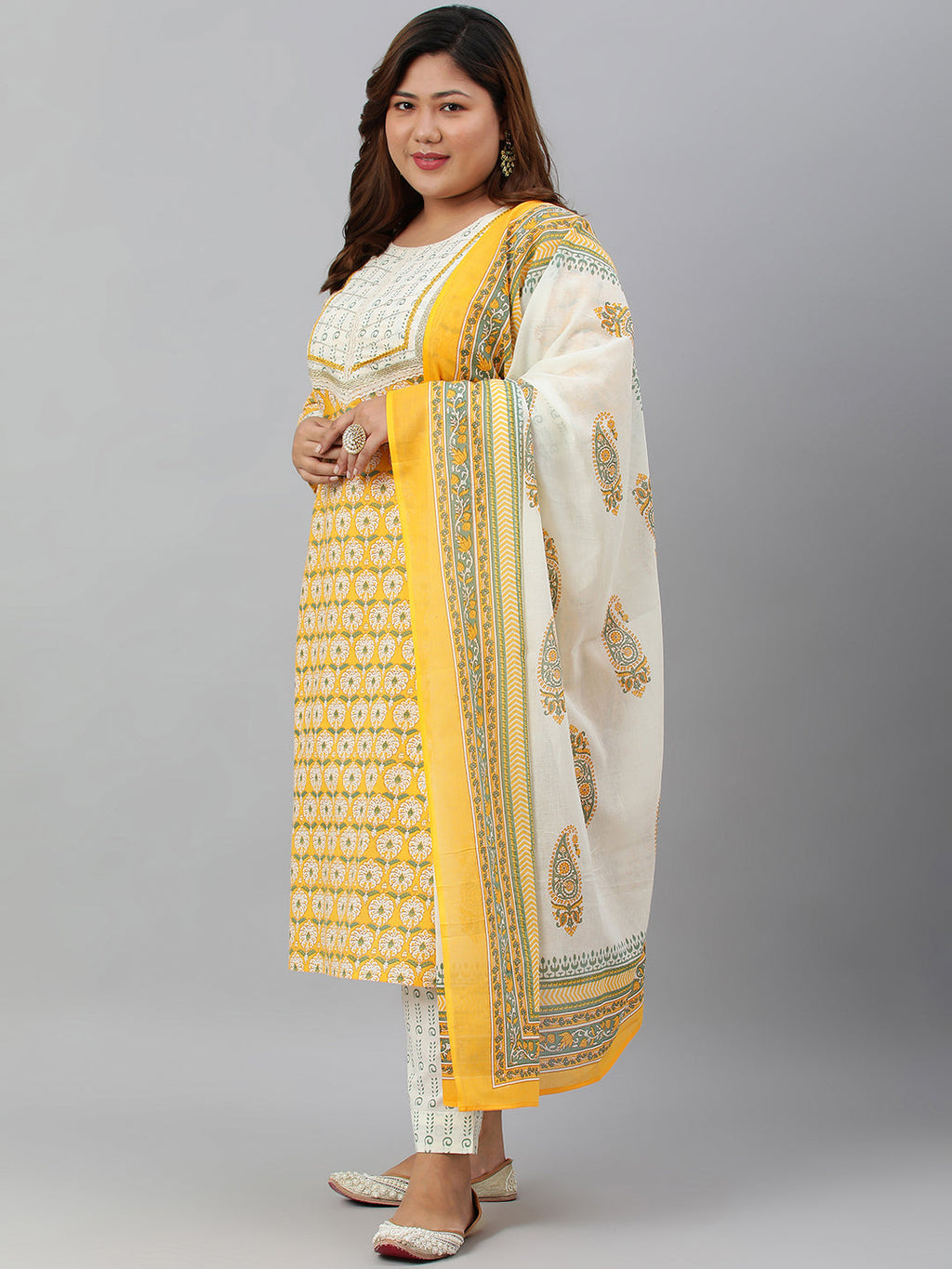 Janasya XL LOVE by Janasya Women's Plus Size Yellow Cotton Kurta With Pants and Dupatta | Grocsy