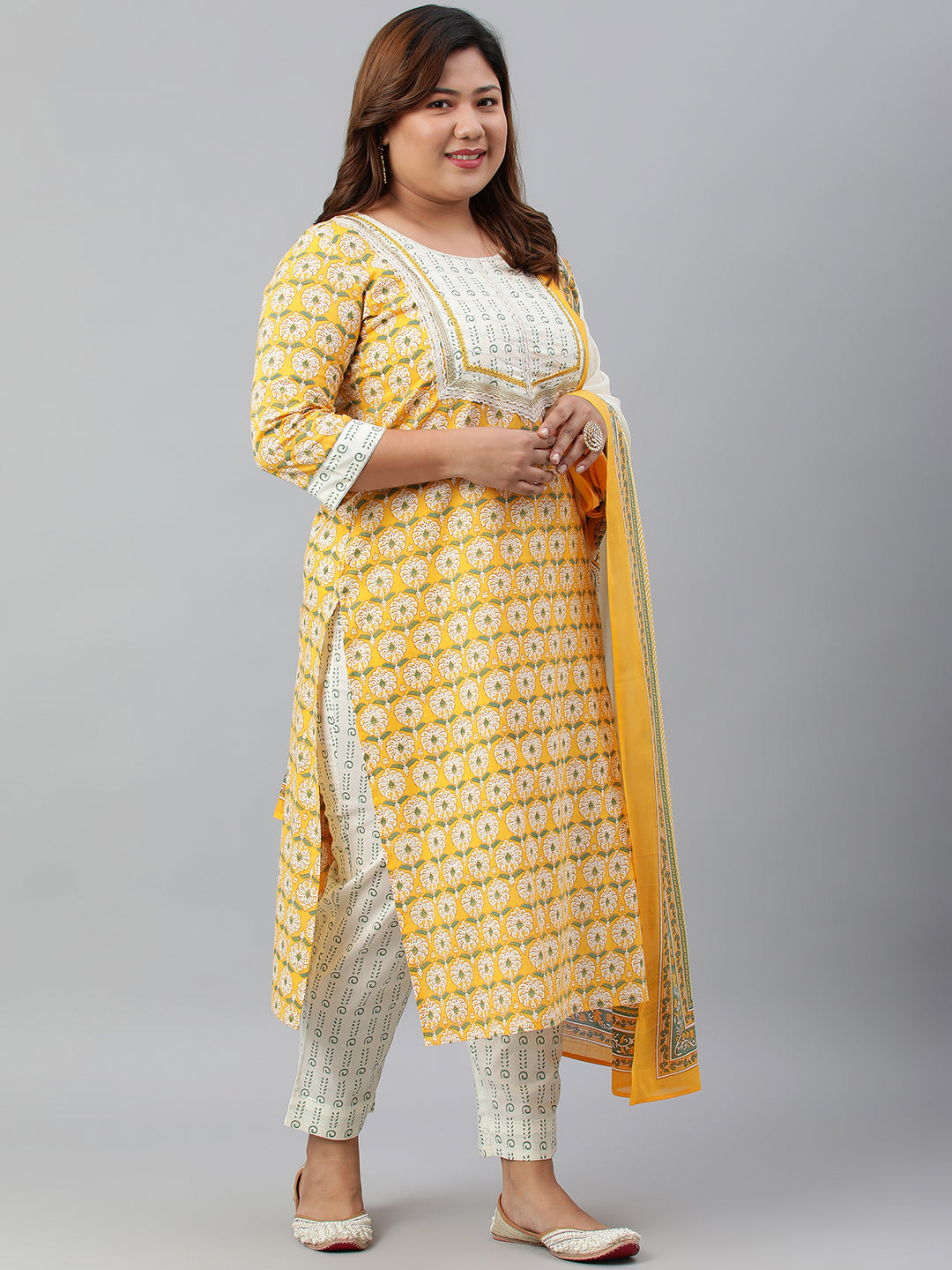 Janasya XL LOVE by Janasya Women's Plus Size Yellow Cotton Kurta With Pants and Dupatta | Grocsy
