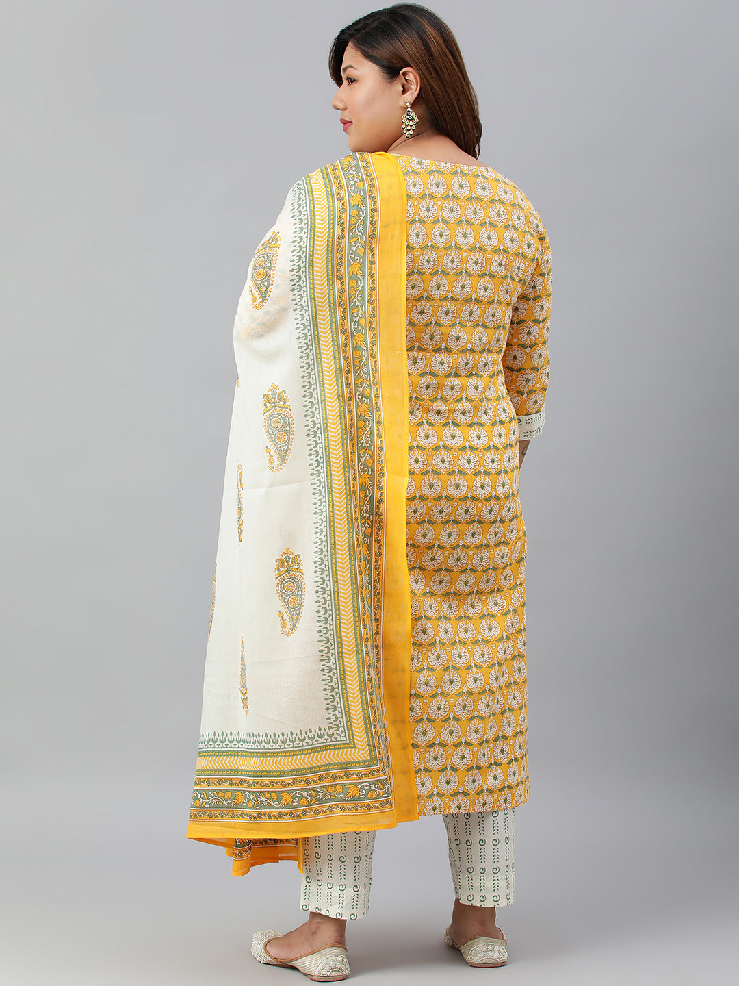 Janasya XL LOVE by Janasya Women's Plus Size Yellow Cotton Kurta With Pants and Dupatta | Grocsy