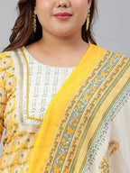 Janasya XL LOVE by Janasya Women's Plus Size Yellow Cotton Kurta With Pants and Dupatta | Grocsy