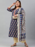 Janasya XL LOVE by Janasya Women's Plus Size Indigo Cotton Kurta With Palazzo and Dupatta | Grocsy