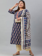 Janasya XL LOVE by Janasya Women's Plus Size Indigo Cotton Kurta With Palazzo and Dupatta | Grocsy