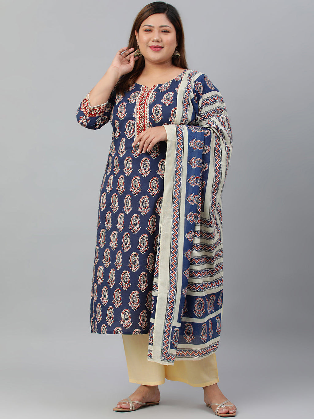Janasya XL LOVE by Janasya Women's Plus Size Indigo Cotton Kurta With Palazzo and Dupatta | Grocsy