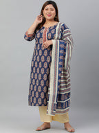 Janasya XL LOVE by Janasya Women's Plus Size Indigo Cotton Kurta With Palazzo and Dupatta | Grocsy