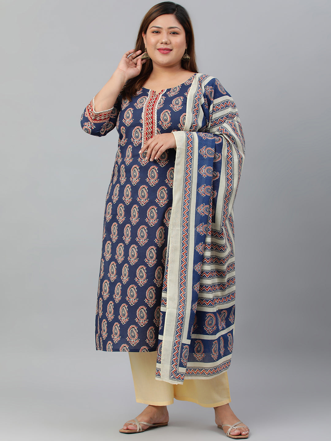 Janasya XL LOVE by Janasya Women's Plus Size Indigo Cotton Kurta With Palazzo and Dupatta | Grocsy