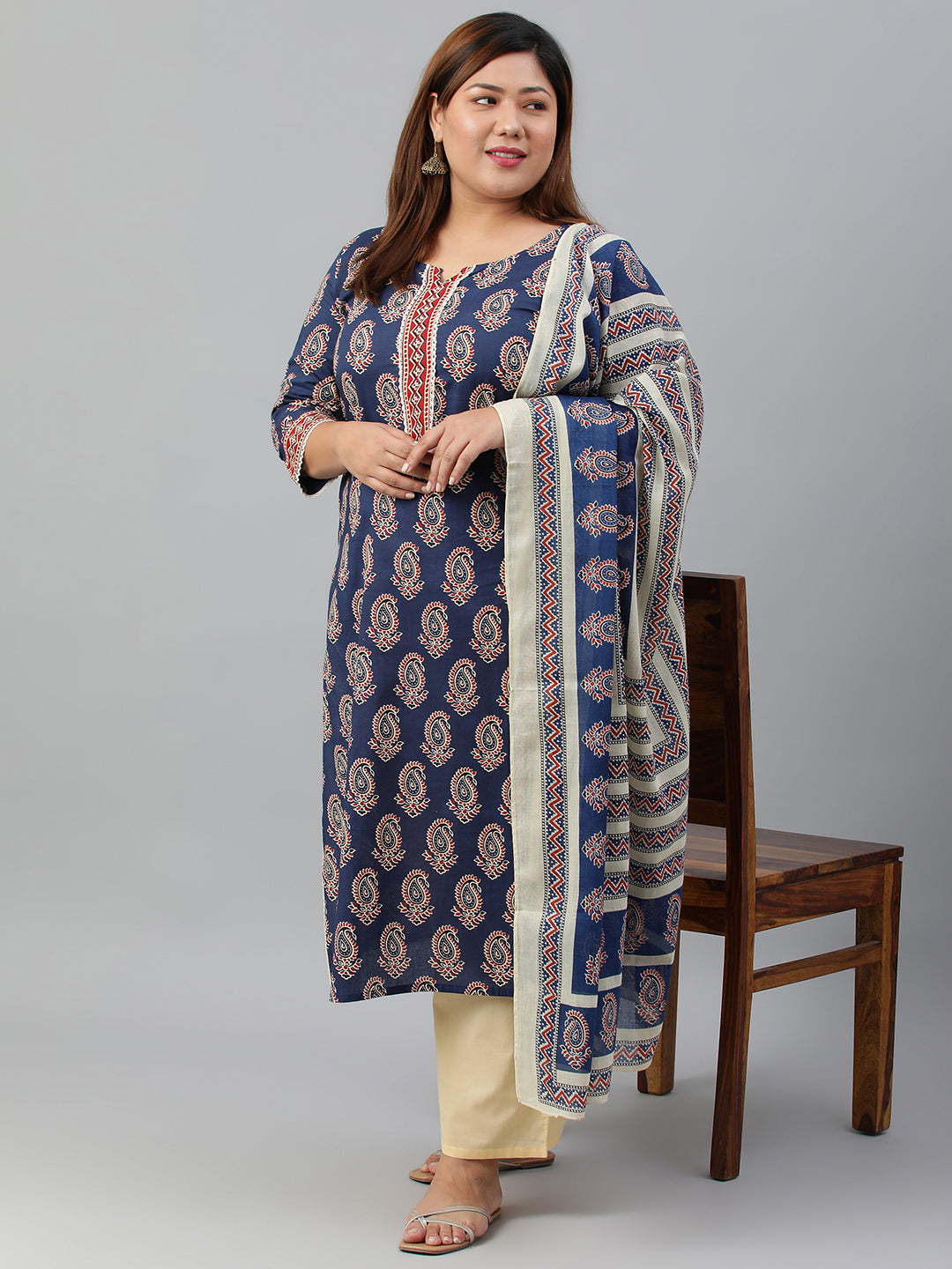 Janasya XL LOVE by Janasya Women's Plus Size Indigo Cotton Kurta With Palazzo and Dupatta | Grocsy