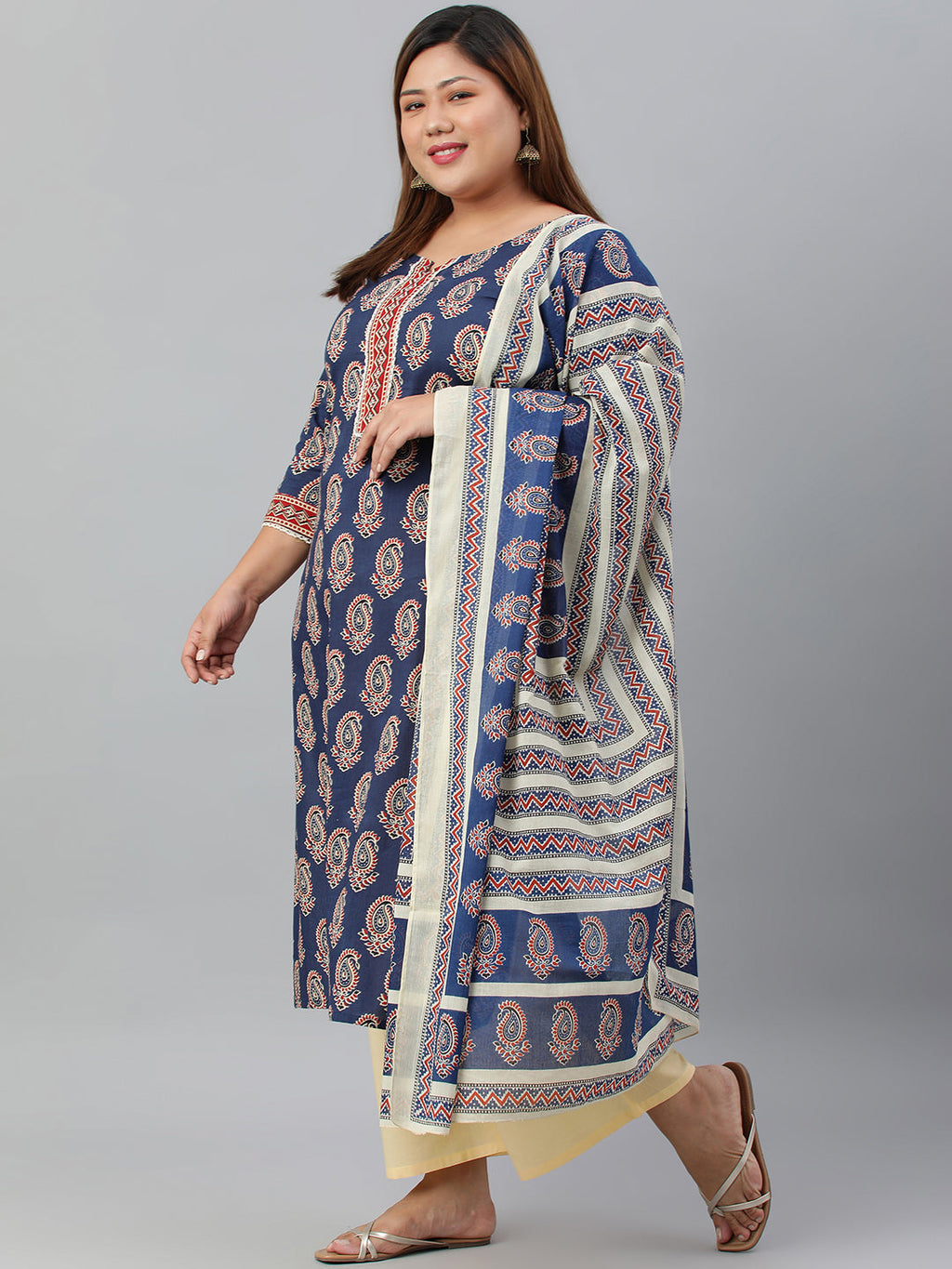 Janasya XL LOVE by Janasya Women's Plus Size Indigo Cotton Kurta With Palazzo and Dupatta | Grocsy