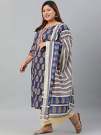 Janasya XL LOVE by Janasya Women's Plus Size Indigo Cotton Kurta With Palazzo and Dupatta | Grocsy