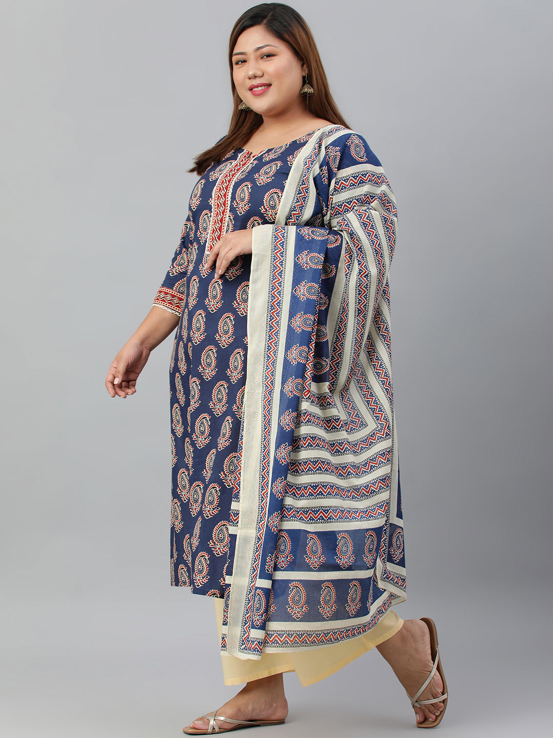 Janasya XL LOVE by Janasya Women's Plus Size Indigo Cotton Kurta With Palazzo and Dupatta | Grocsy