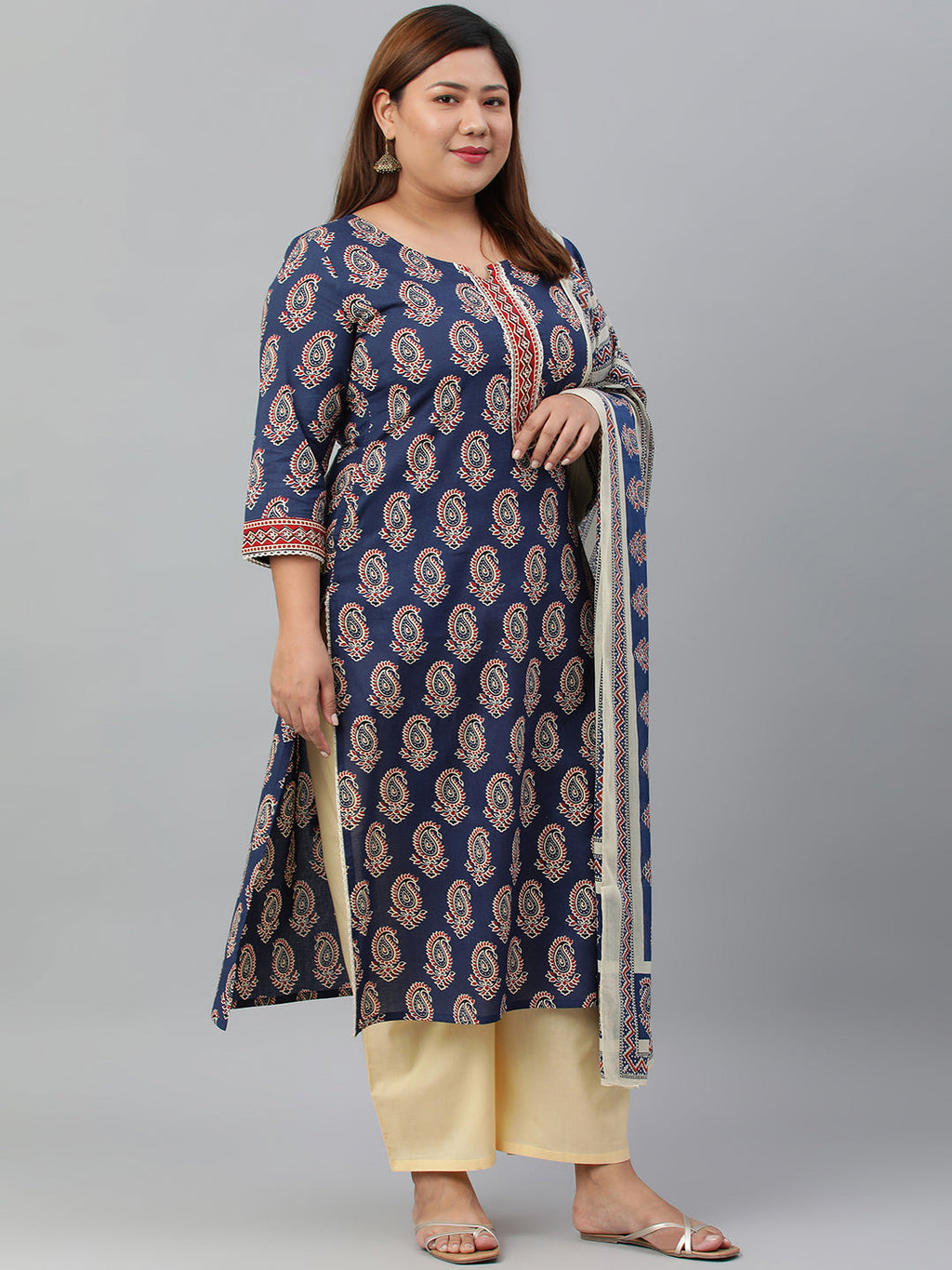 Janasya XL LOVE by Janasya Women's Plus Size Indigo Cotton Kurta With Palazzo and Dupatta | Grocsy