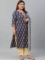Janasya XL LOVE by Janasya Women's Plus Size Indigo Cotton Kurta With Palazzo and Dupatta | Grocsy