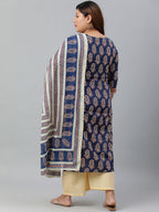 Janasya XL LOVE by Janasya Women's Plus Size Indigo Cotton Kurta With Palazzo and Dupatta | Grocsy