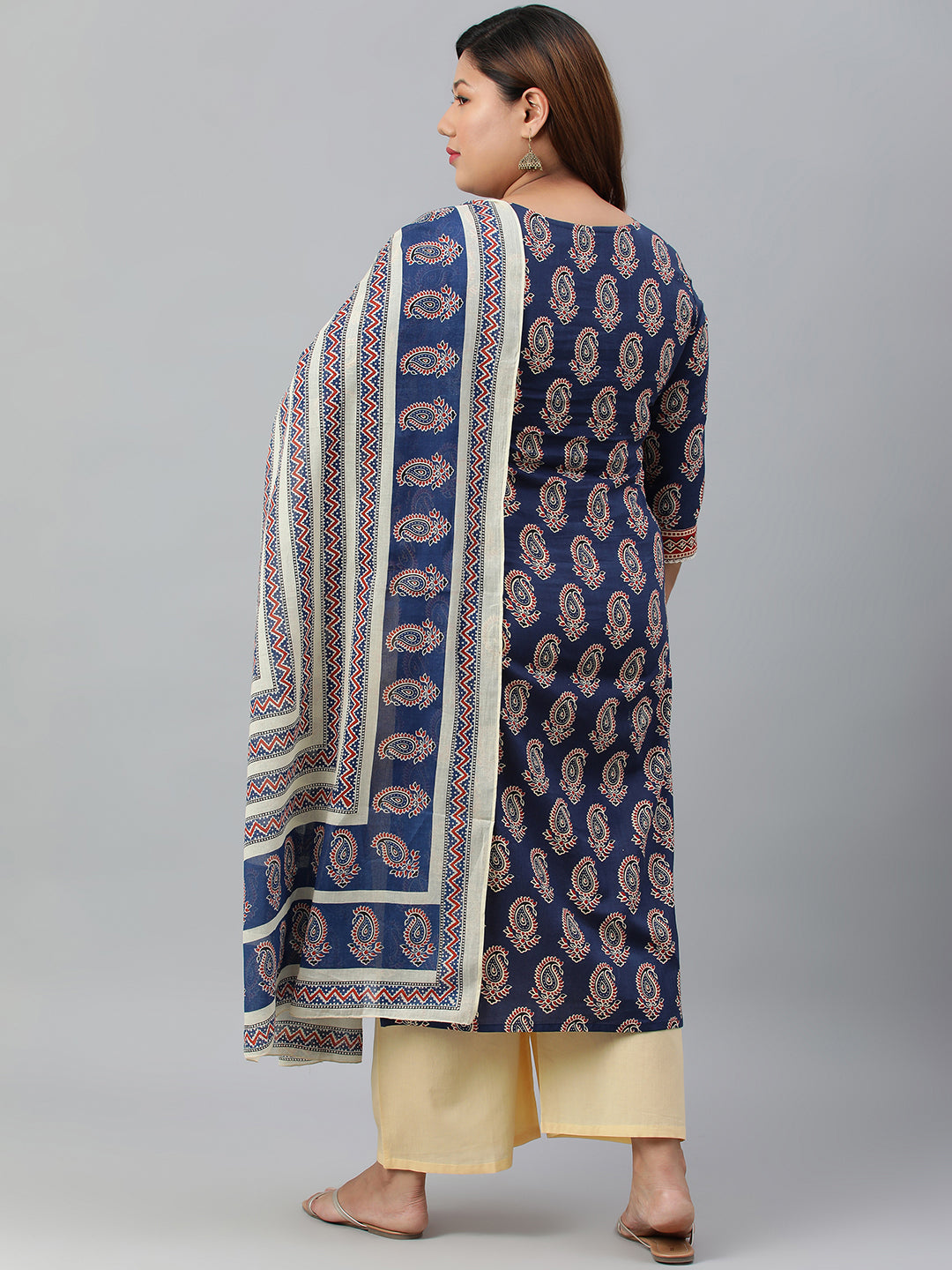 Janasya XL LOVE by Janasya Women's Plus Size Indigo Cotton Kurta With Palazzo and Dupatta | Grocsy