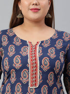 Janasya XL LOVE by Janasya Women's Plus Size Indigo Cotton Kurta With Palazzo and Dupatta | Grocsy