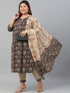 Janasya XL LOVE by Janasya Women's Plus Size Black Cotton Kurta With Pant and Dupatta | Grocsy