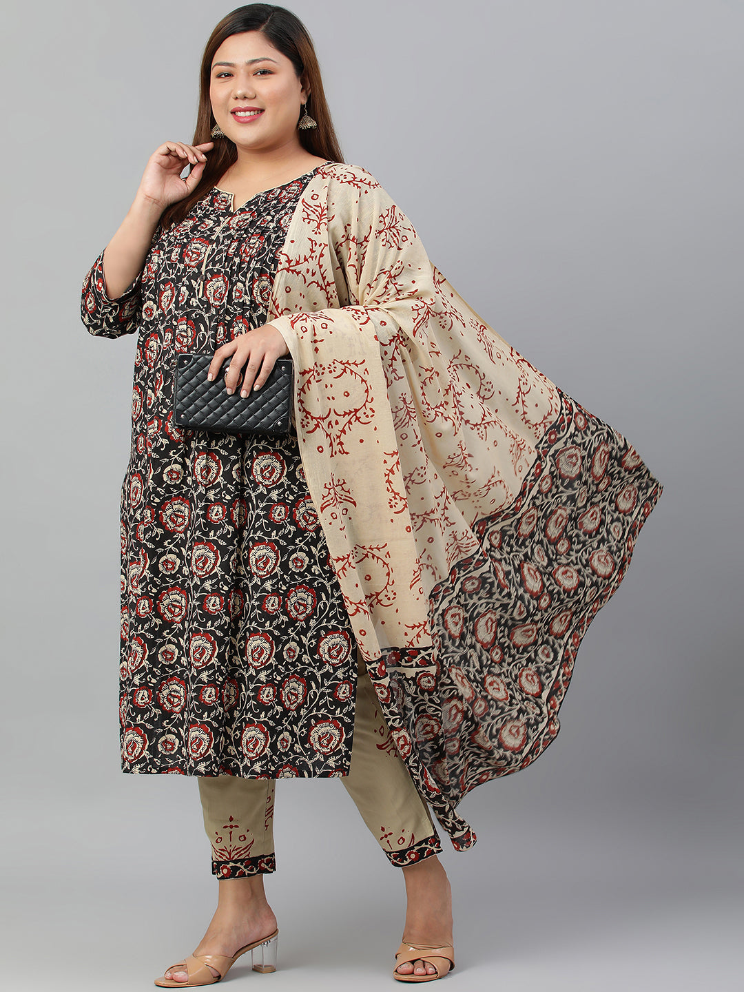 Janasya XL LOVE by Janasya Women's Plus Size Black Cotton Kurta With Pant and Dupatta | Grocsy