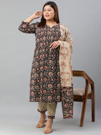 Janasya XL LOVE by Janasya Women's Plus Size Black Cotton Kurta With Pant and Dupatta | Grocsy