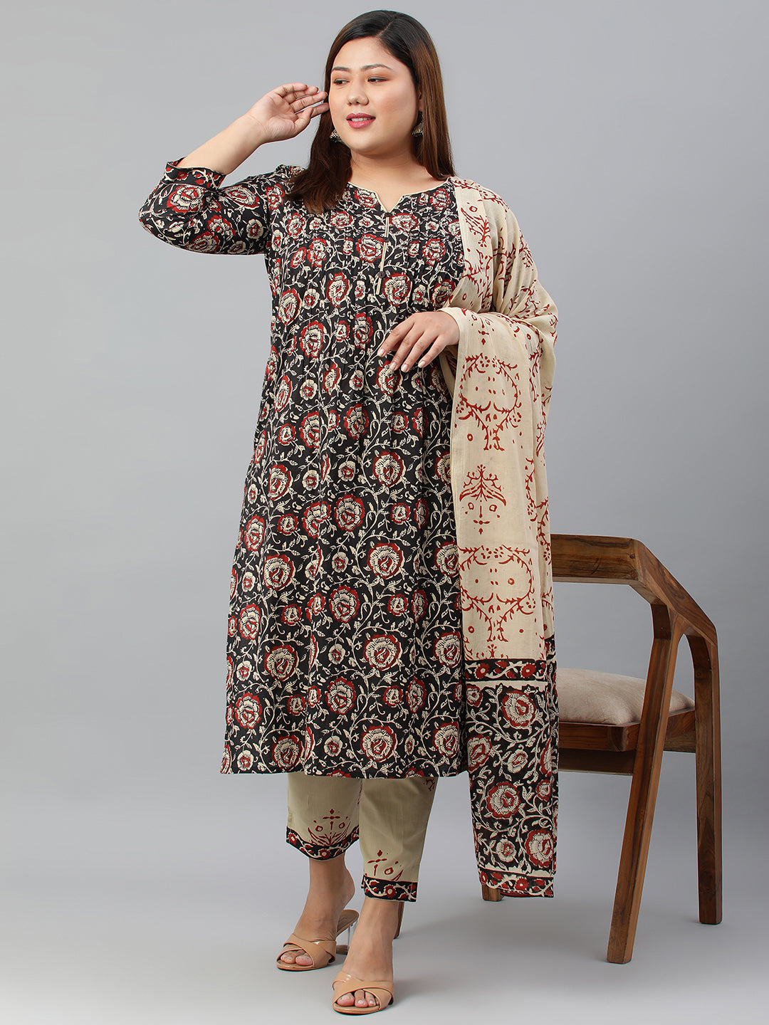 Janasya XL LOVE by Janasya Women's Plus Size Black Cotton Kurta With Pant and Dupatta | Grocsy