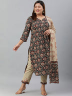 Janasya XL LOVE by Janasya Women's Plus Size Black Cotton Kurta With Pant and Dupatta | Grocsy
